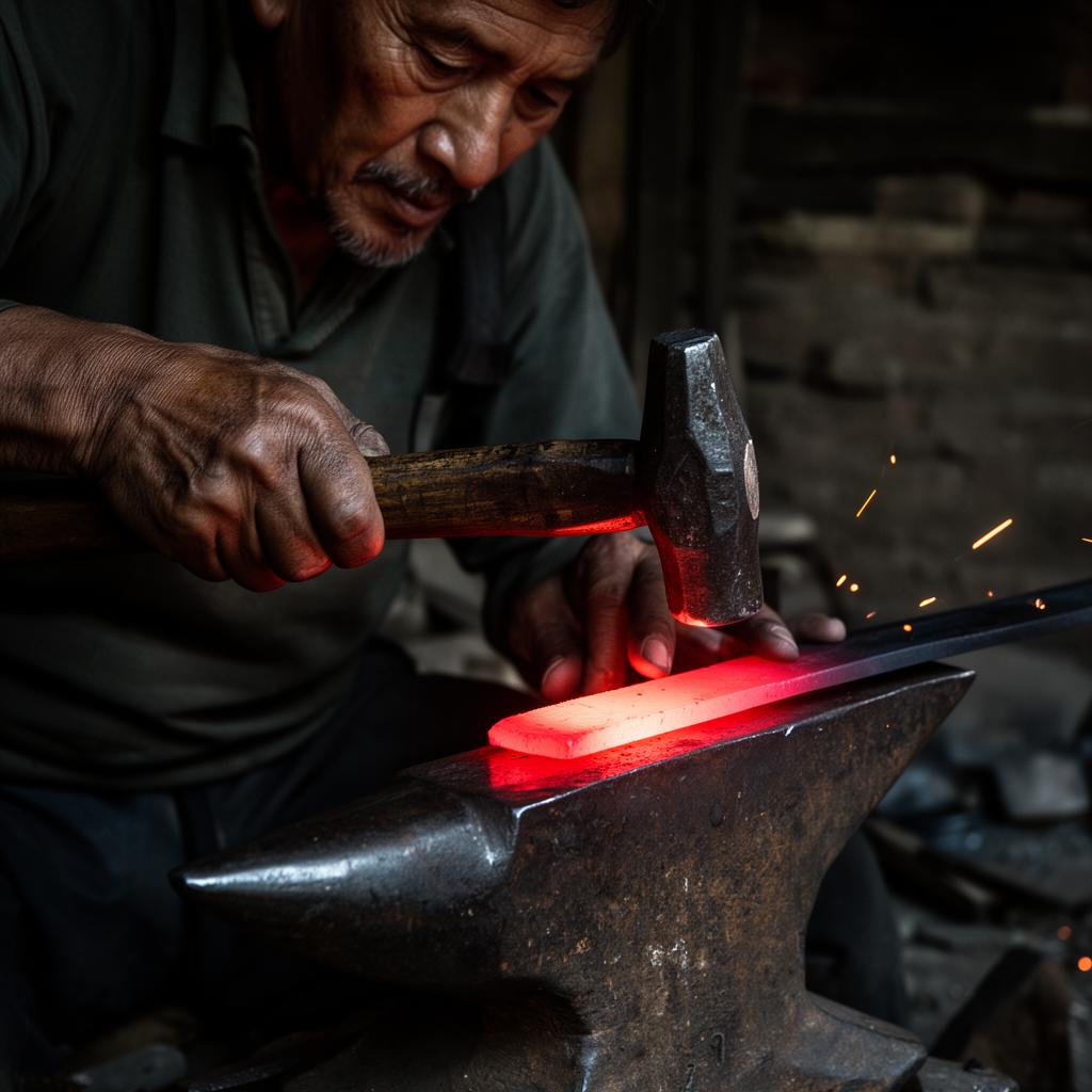 A master Nepali bladesmith at the anvil